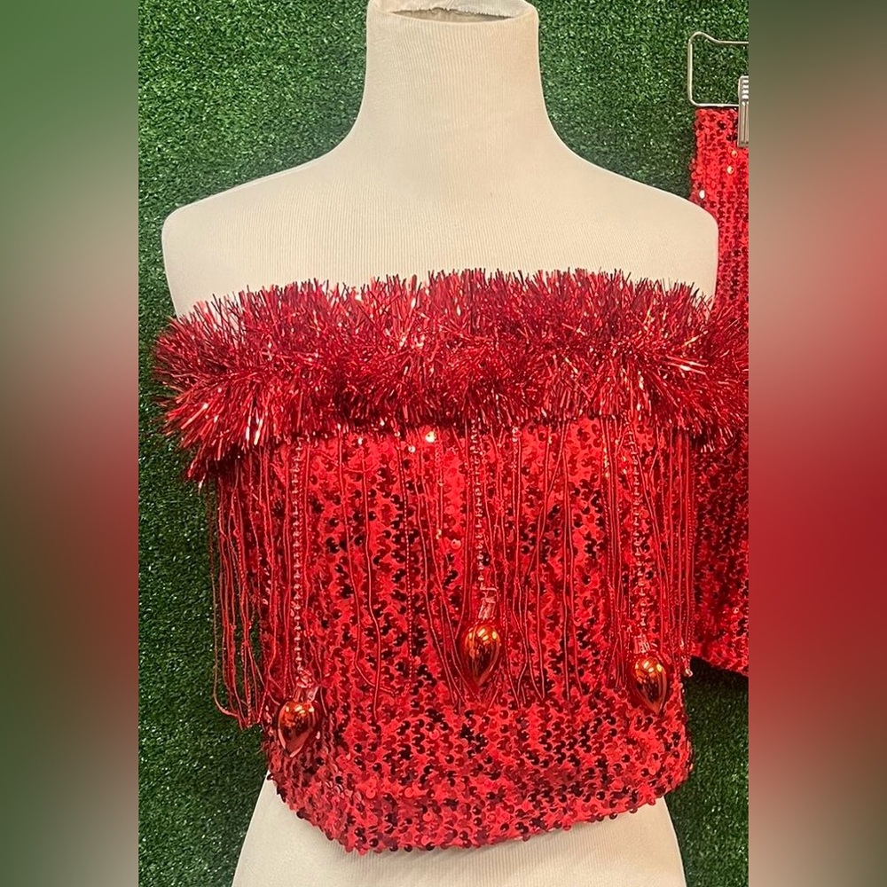 Holiday Festive Red Sequin Strapless Top with Fringe XS New